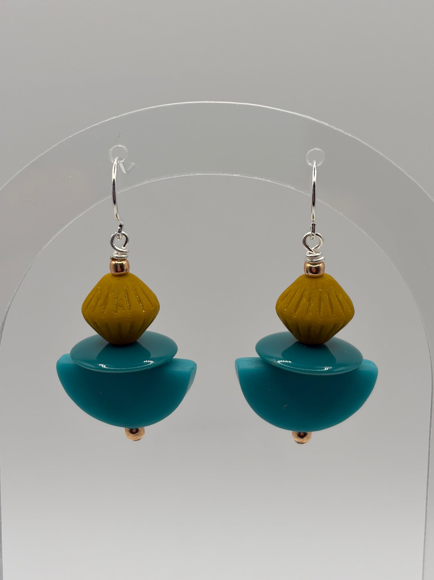 Earrings - Teal Half Circles With Mustard Accents