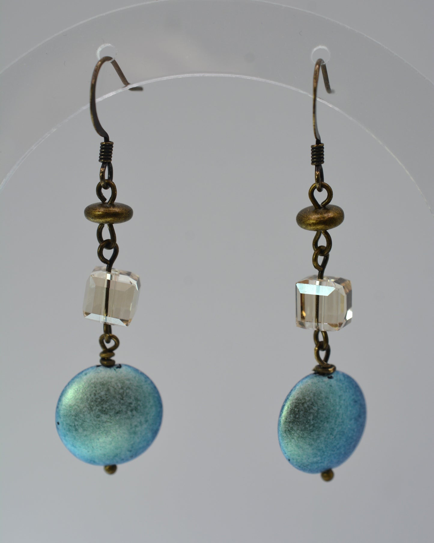 Earrings - Iridescent Blue Circles With Antique Brass