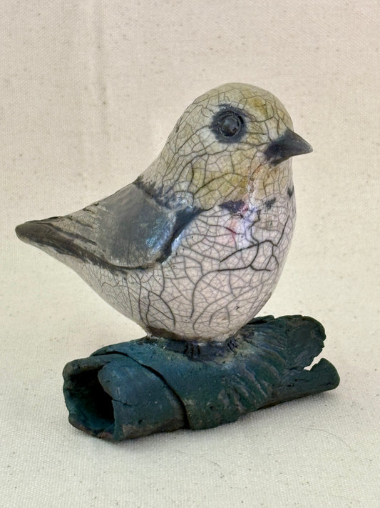 Raku Bird White,Grey On Wood Blue