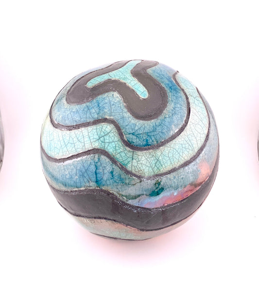 Raku Sphere Turquoise Waves