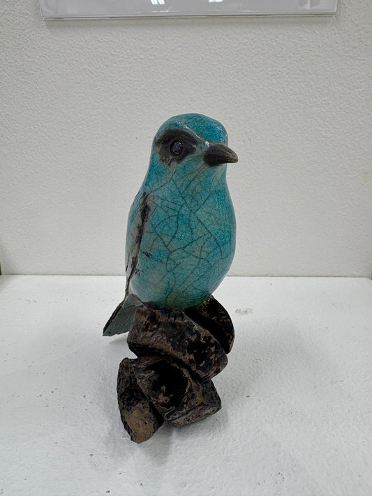Raku Bird turquoise On Swirly Branch