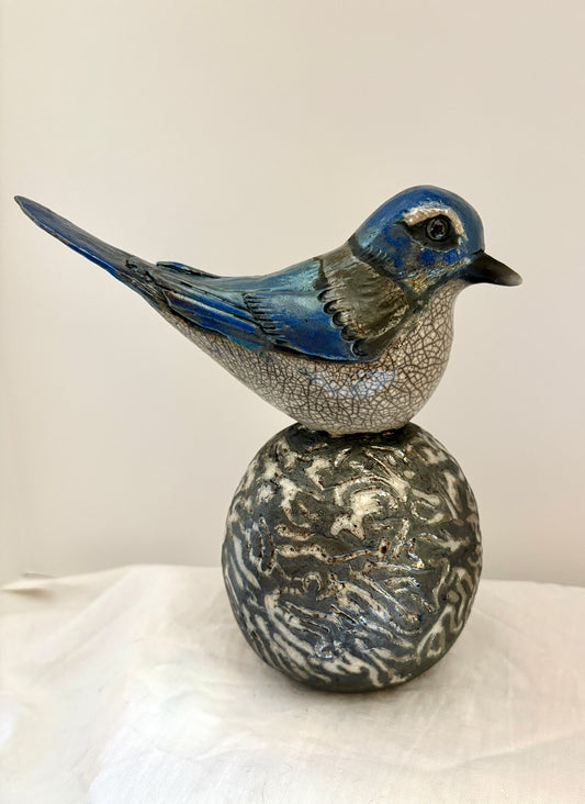 Raku Bluejay carved Stand 7x7"