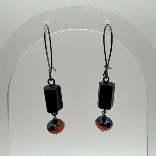 Earrings - Black Rectangles With Orange