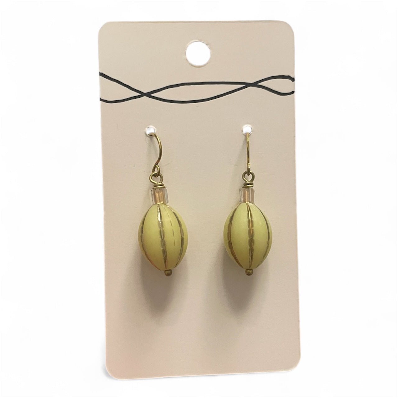 Earrings - Fluted Yellow/Green Oval Bead