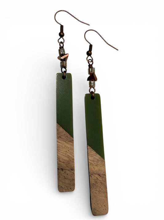 Earrings - Olive Resin With Wood