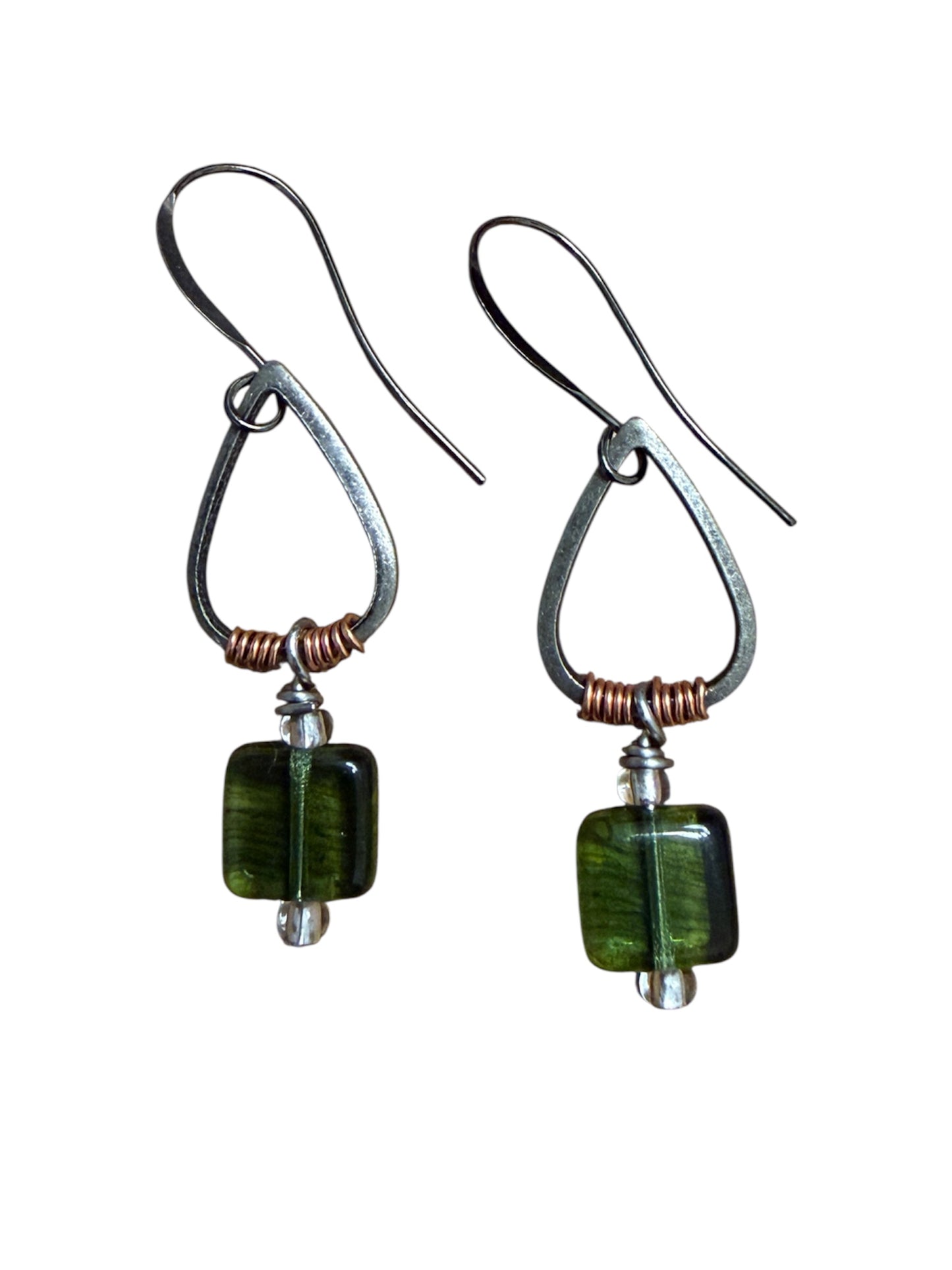 Earrings - Green Square On Teardrop