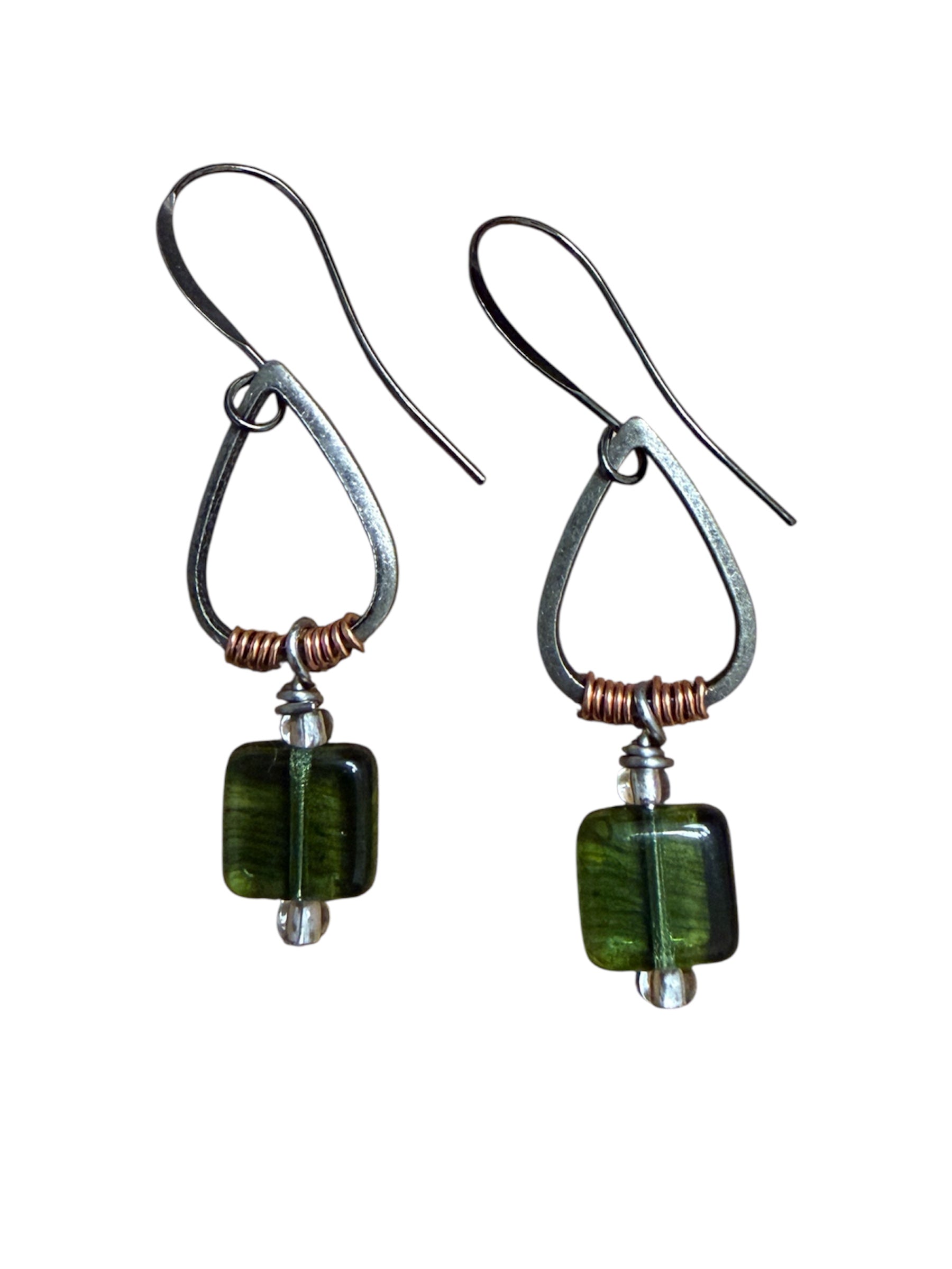 Earrings - Green Square On Teardrop
