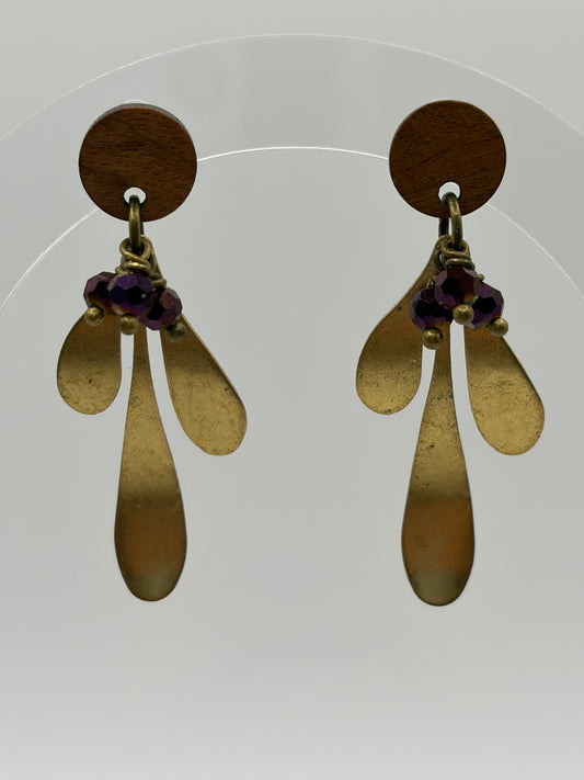 Earrings - Brass Leaves With Purple
