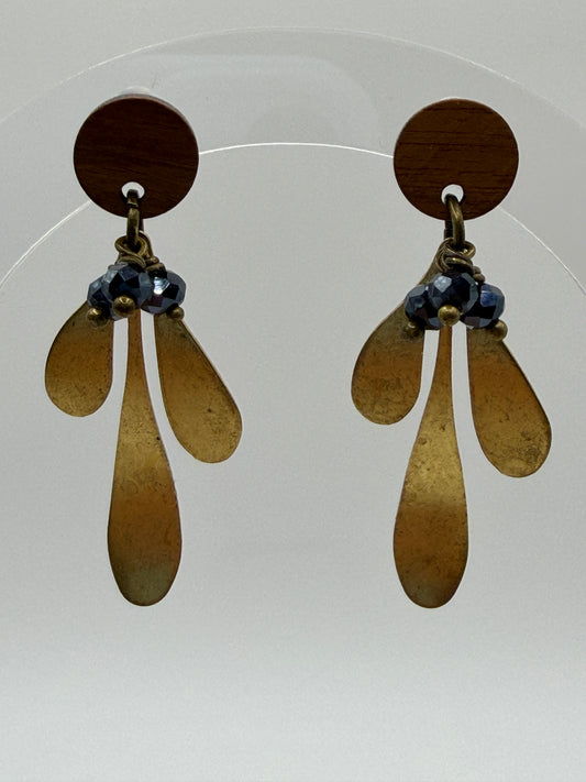 Earrings - Brass Leaves With Navy