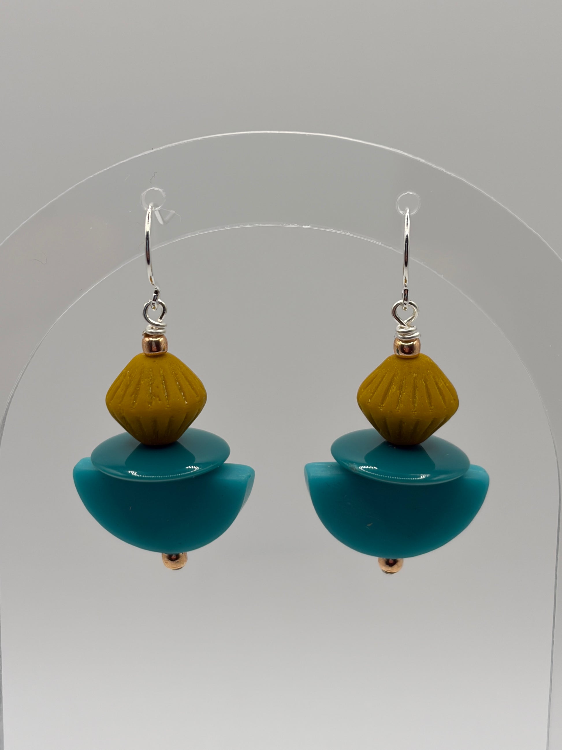 Earrings - Teal Half Circles With Mustard Accents