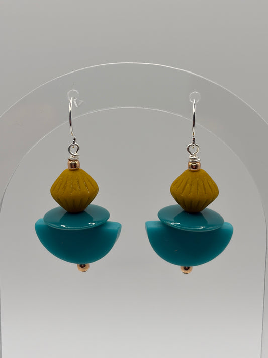 Earrings - Teal Half Circles With Mustard Accents