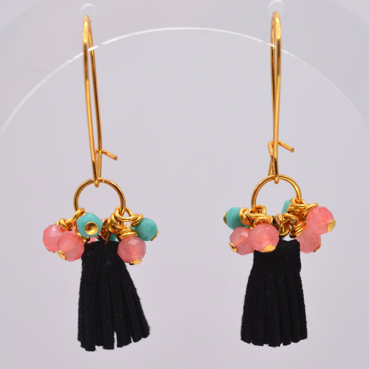 Earrings - Black Tassels With Salmon and Turquoise