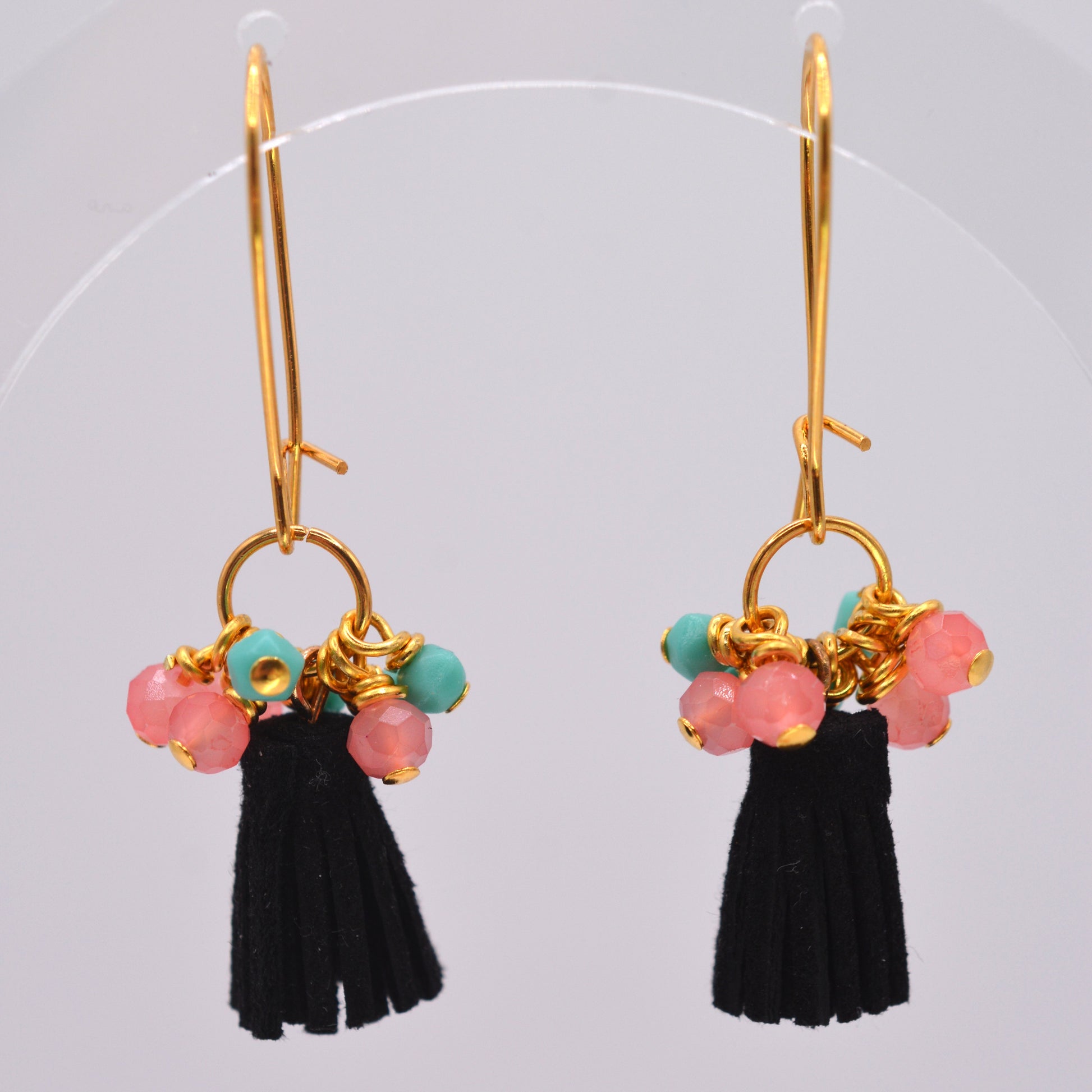 Earrings - Black Tassels With Salmon and Turquoise
