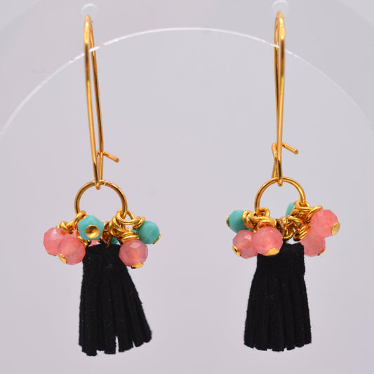 Earrings - Black Tassels With Salmon and Turquoise