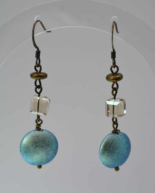 Earrings - Iridescent Blue Circles With Antique Brass