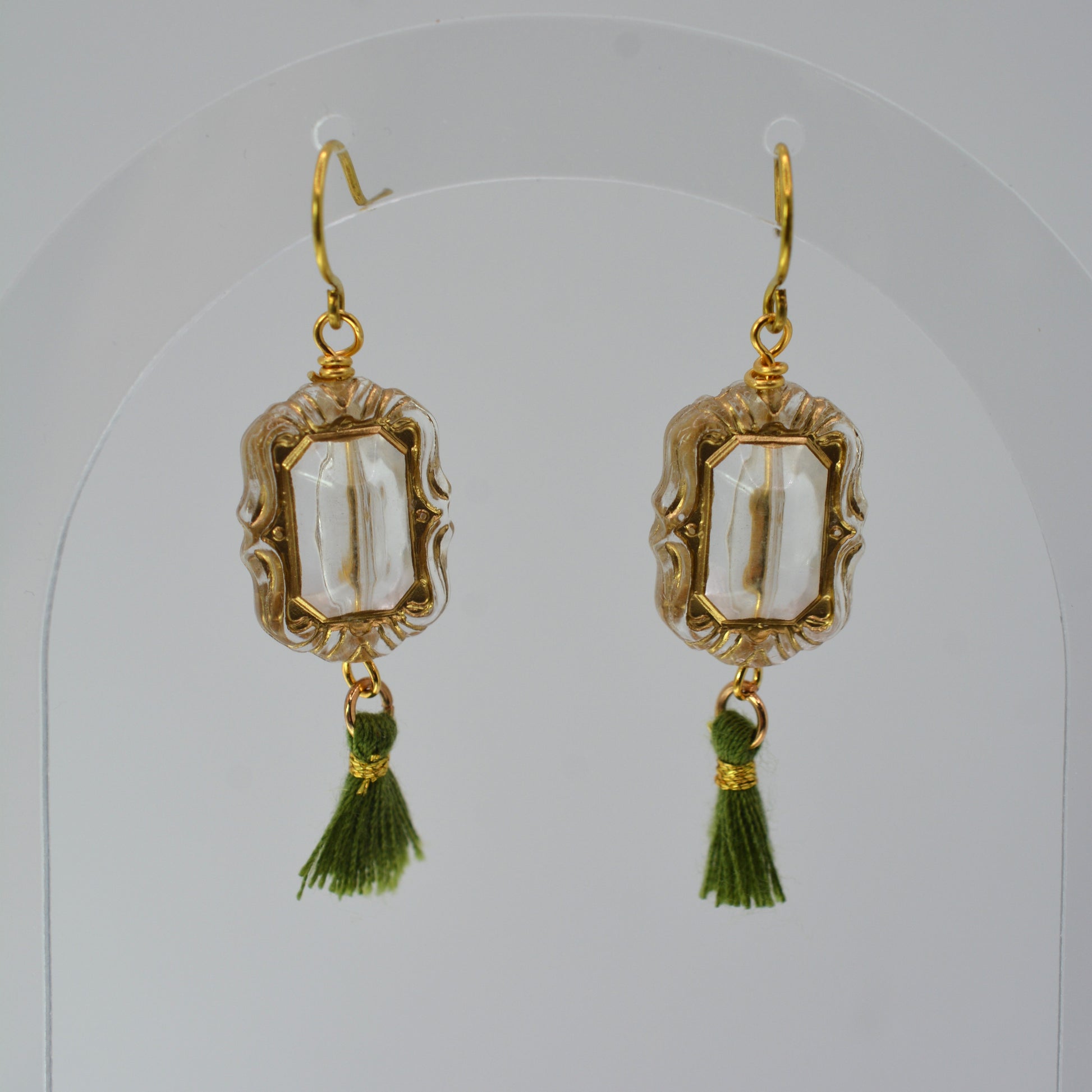 Earrings - Antique Frames With Green Tassels