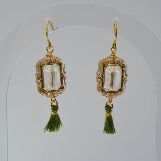 Earrings - Antique Frames With Green Tassels