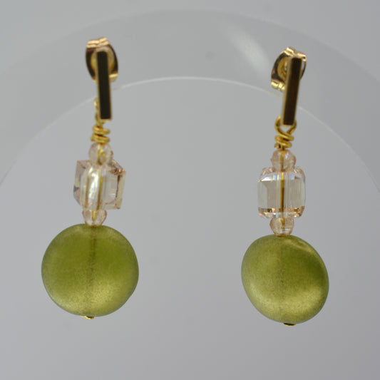 Earrings - Green Discs With Cubes