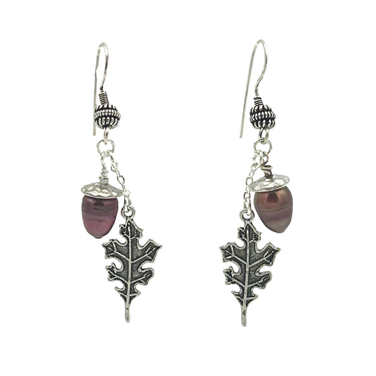 Oak acornsilver Leaf Pearl Earrings